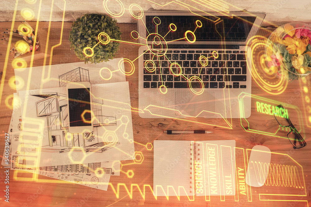 Aufkleber Double exposure of data theme drawing hologram over topview work table background with computer. Concept of technology.
