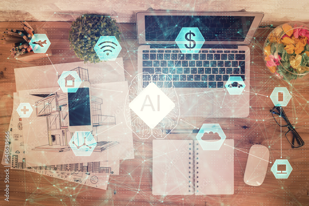 Poster Double exposure of data theme drawing hologram over topview work table background with computer. Concept of technology.