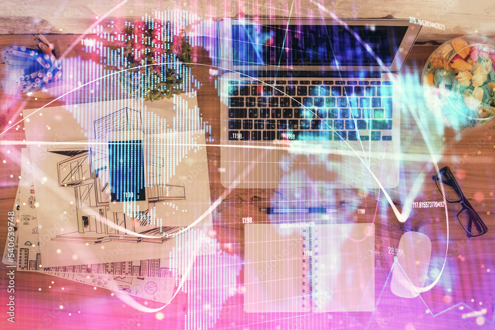 Poster business theme hologram drawings over computer on the desktop background. top view. multi exposure. 