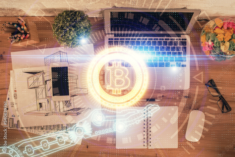 Aufkleber Blockchain theme hologram drawings over computer on the desktop background. Top view. Double exposure.