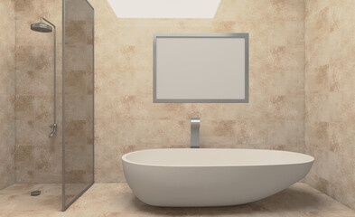 Spacious bathroom in gray tones with heated floors, freestanding tub. 3D rendering.. Blank paintings.  Mockup.