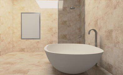Naklejka na ściany i meble Scandinavian bathroom, classic vintage interior design. 3D rendering.. Blank paintings. Mockup.