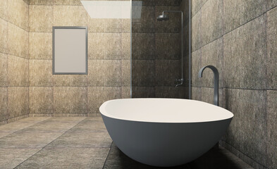 Clean and fresh bathroom with natural light. 3D rendering.. Blank paintings.  Mockup.
