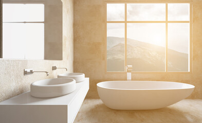 Modern bathroom including bath and sink. 3D rendering.. Sunset.