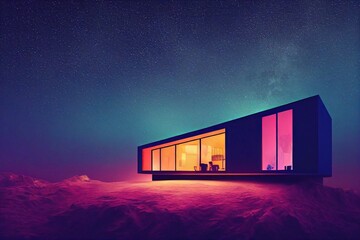 A modern neon house on top of a mountain, at night, with bright lighting, starry sky 