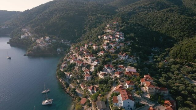 Fiskardo Village And Community On The Ionian Island Of Kefalonia, Greece - aerial drone shot