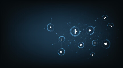 Healthcare and medical concept. Abstract geometric Healthcare and medical background with flat icons and symbols on dark blue background.