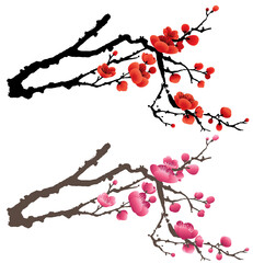 Plum blossom drawing presented in Chinese ink painting style. PNG file.