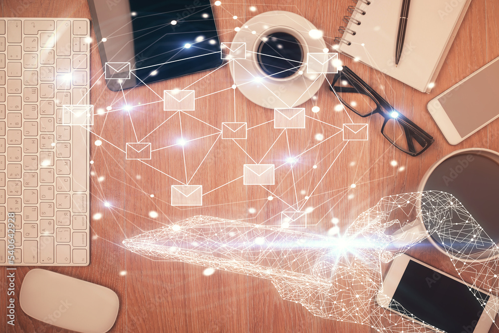 Poster Multi exposure of envelop technology theme drawing over table with phone. Top view. Concept of electronic mail.