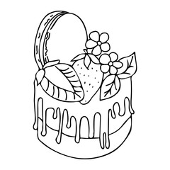  Doodle cartoon art. Hand-drawn cheesecake. Isolated design element on white background. Vector illustration of delicious dessert.