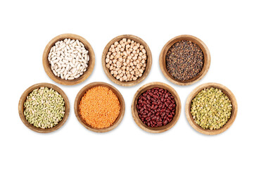 Peas, beans and lentils. Isolated. Transparent background. In a bowl. Top view. Food collection. Precision cut and impeccable finish that allows the addition of colored backgrounds.