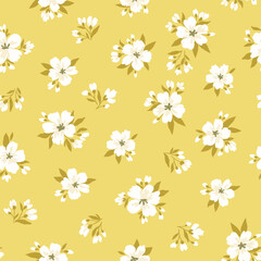 Hand-drawn vintage seamless pattern with apple tree flowers. Vector floral illustration in retro style. Fabric print classic design. Creative stylish background.