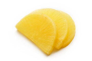 Korean yellow pickled radish or Danmuji side dish isolated on white background. yellow pickled radish or Danmuji side dish                             