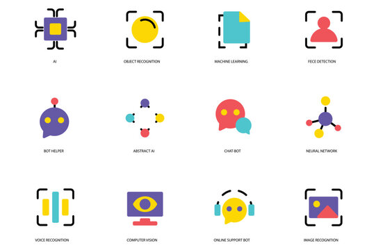 AI set of flat icons concept in the flat cartoon design. Set present images that are associated with artificial intelligence. Vector illustration.