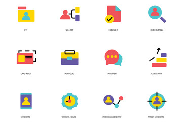 Head Hunting set of flat icons concept in the flat cartoon design. Icons represent ways to find the right needed people. Vector illustration.