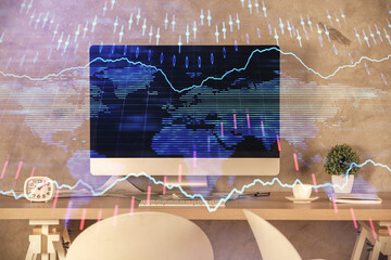 Multi exposure of financial graph drawing and office interior background. Concept of market...