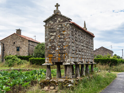 Beautiful village of Fisterra in Spain, unique for its horreos, traditional granary barns