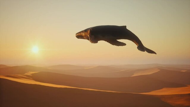 The spirit of the humpback whale flies over the desert. Climate change leads to the growth of deserts and lack of water. A good illustration to the topics of ecology and extinction of animal species. 