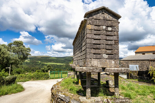 Beautiful village of Fieiro in Spain, unique for its horreos, traditional granary barns