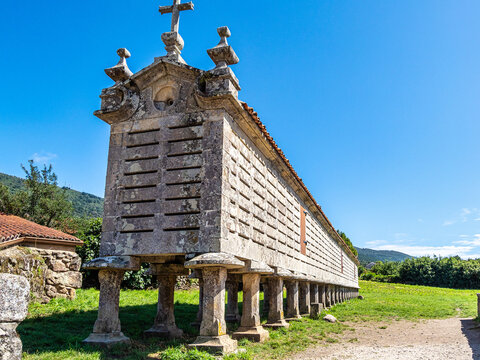 The long and narrow grain store, horreo at Carnota in Galicia, Spain.