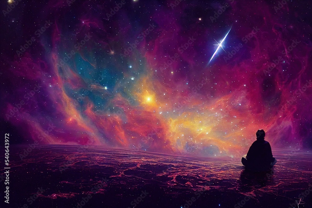 Wall mural alone_man_middle_watching_galaxy_space_imagine_abs generative ai