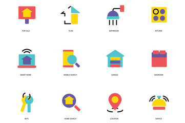Real Estate set of icons concept in the flat cartoon design. Factors that need to be paid attention to when buying a home. Vector illustration.