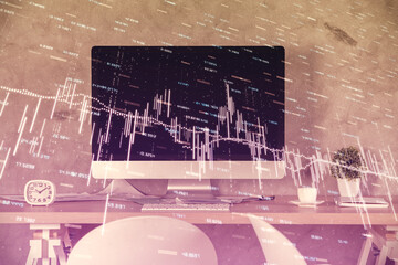 Multi exposure of financial graph drawing and office interior background. Concept of market analysis.