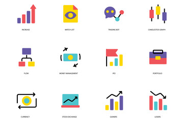Stock Quotes set of icons concept in the flat cartoon design. Different variable processes in stock and financial exchange. Vector illustration.