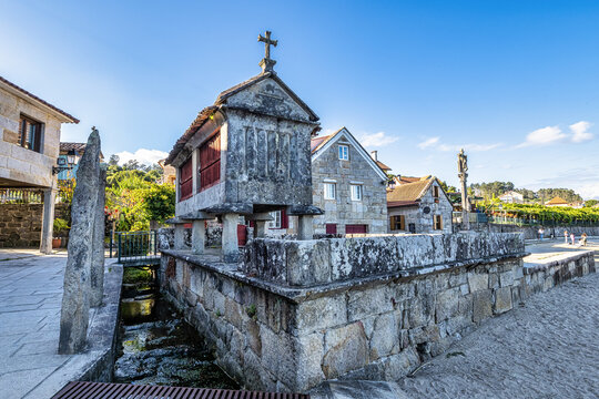 Fishing village of Combarro with the typical granary horreos. Galicia, Spain.