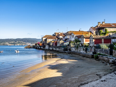 Fishing village of Combarro with the typical granary horreos. Galicia, Spain.