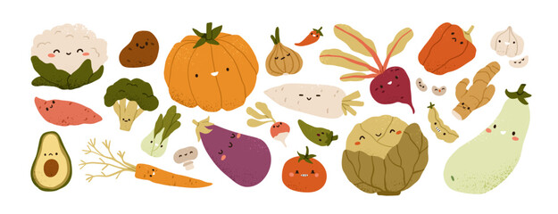 Cute vegetable characters with funny kawaii faces. Happy smiling healthy food set. Fun pumpkin, ginger, cauliflower and avocado. Kids flat graphic vector illustrations isolated on white background