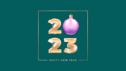 Happy New Year 2023 card template. Gold 3D numbers and lavender Christmas ball on a teal background. Backdrop for web, social networks and stories. Vector 10 EPS.