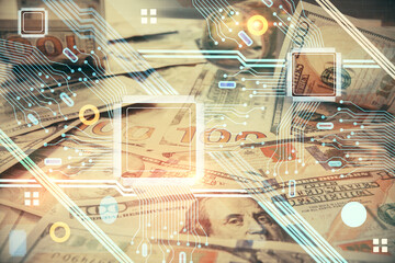 Double exposure of data theme drawing over us dollars bill background. Technology concept.