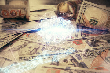 Double exposure of data theme drawing over us dollars bill background. Technology concept.