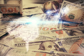 Double exposure of brain drawing over us dollars bill background. Technology concept.