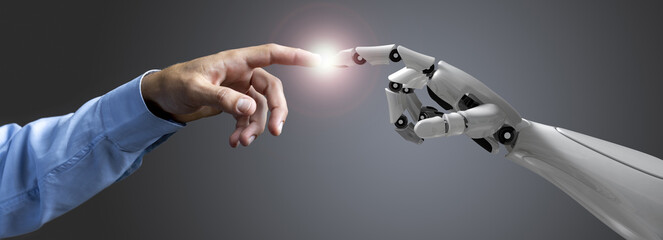 Robot touching human hand on grey background. 3d rendering. Artificial intelligence, machine...