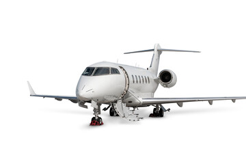 Close-up white luxury executive airplane with an opened gangway door isolated on transparent background