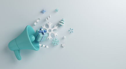 Winter decoration background with megaphone, balloon, snowflakes, gift box, copy space text, 3D rendering illustration - obrazy, fototapety, plakaty
