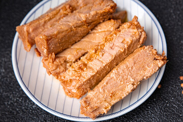 tuna slice seafood fish canned in oil meal food snack on the table copy space food background 