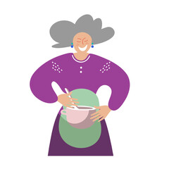 Housewife is a smiling elderly woman with gray hair holding a pot in her hand and wearing an apron. Happy in retirement