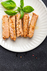 tuna slice seafood fish canned in oil meal food snack on the table copy space food background 