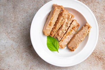 tuna slice seafood fish canned in oil meal food snack on the table copy space food background 