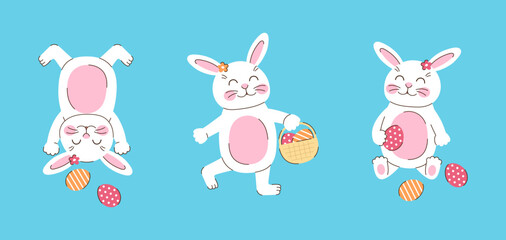 Set of white Easter bunnies with eggs in different poses. A cute rabbit stands upside down, walks with a basket, sits. Vector flat illustration on blue background