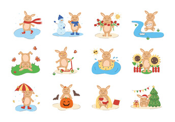 Naklejka premium Set of happy rabbits in different seasons: winter, spring, summer, autumn. Collection of cute cartoon bunnies. Vector flat illustration isolated on white background