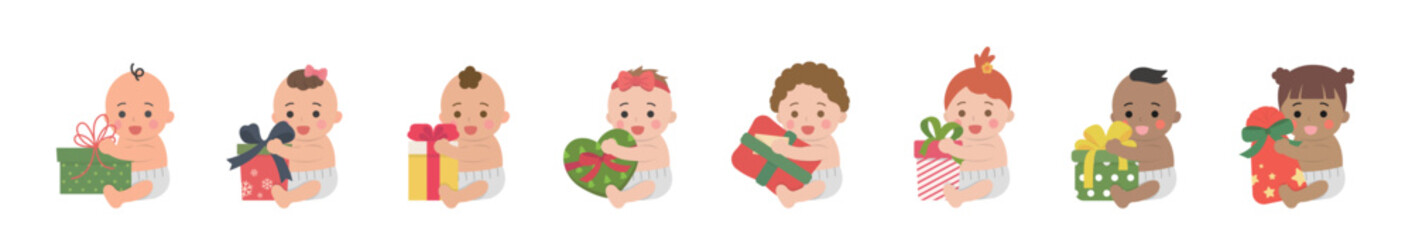 Set of happy cute babies or toddlers with gift boxes, christmas or birthday, giving gifts, vector cartoon style