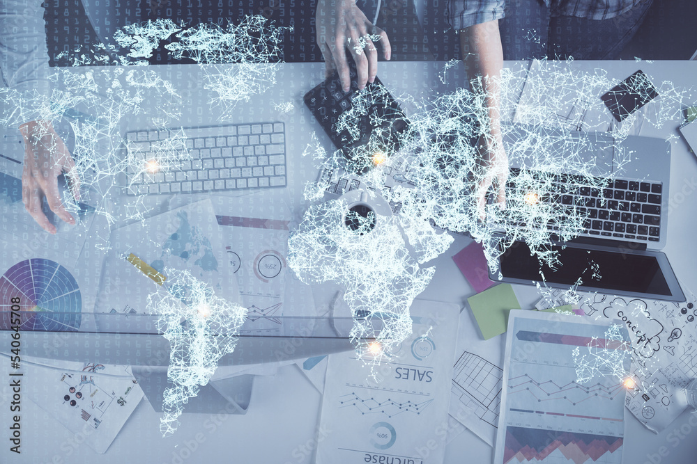 Poster double exposure of man and woman working together and social network theme hologram drawing. people 