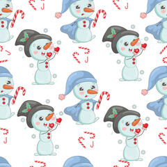Cute christmas snowmen in knitted hats cartoon seamless pattern