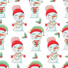 Cute christmas snowmen in knitted hats cartoon seamless pattern