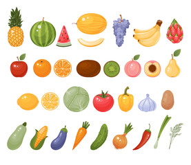 Set of fruits and vegetables. Isolated on white. Vector illustration. Cartoon style.
