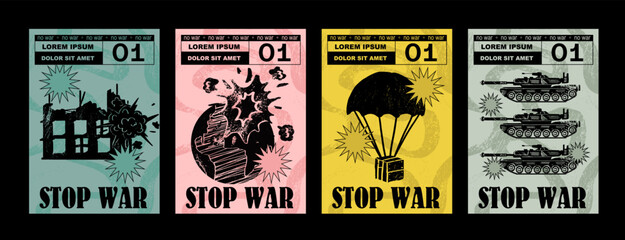 Anti-nuclear war propaganda poster. No to War, Stop War. Set of vector illustrations. Engraving, ink style. Poster, cover, t-shirt print. Military parachute, house, tank, explosion